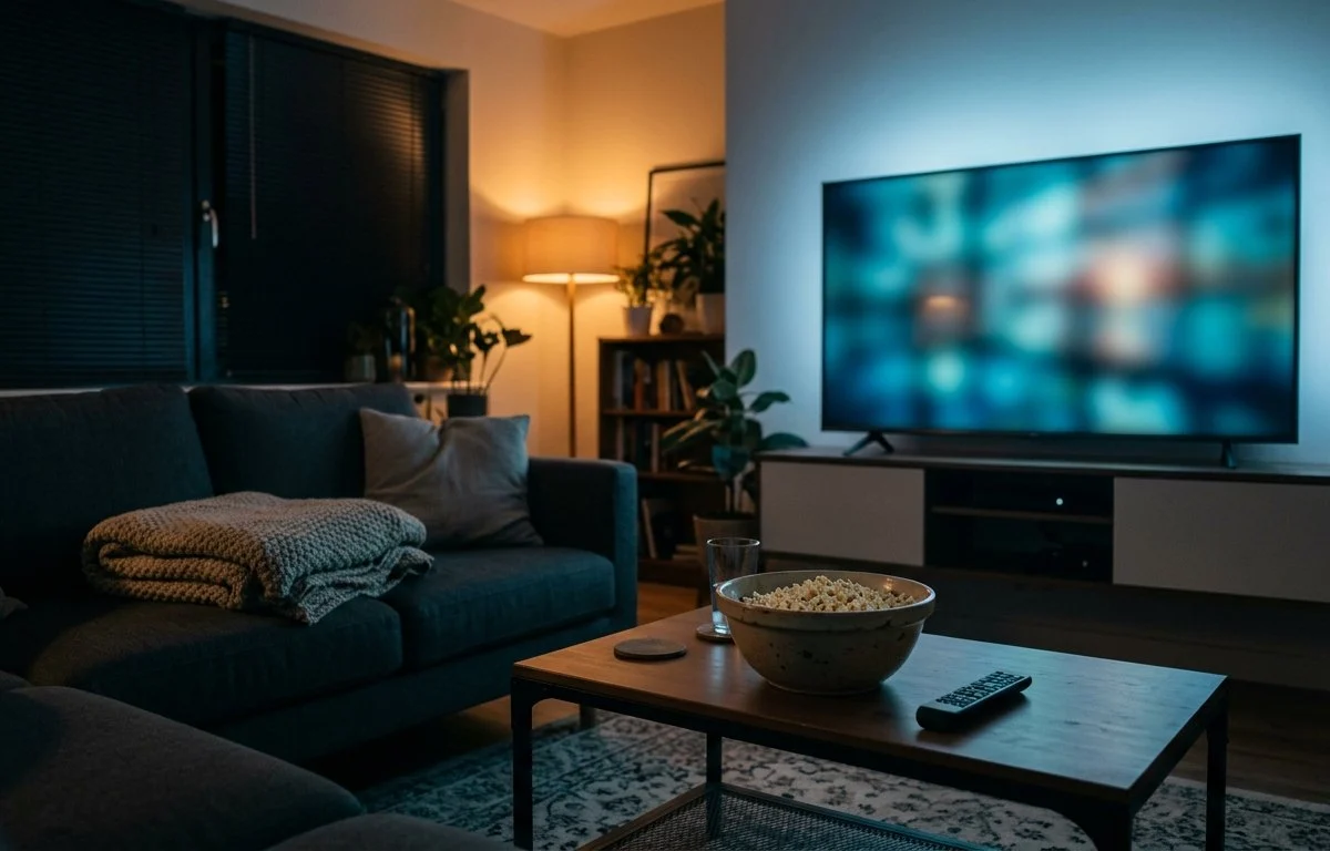 alternativo: Sala de estar à noite com TV ligada, manta no sofá e tigela de pipoca sobre a mesa de centro