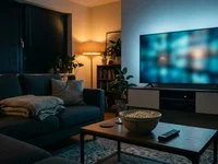alternativo: Sala de estar à noite com TV ligada, manta no sofá e tigela de pipoca sobre a mesa de centro