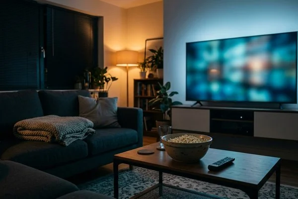 alternativo: Sala de estar à noite com TV ligada, manta no sofá e tigela de pipoca sobre a mesa de centro