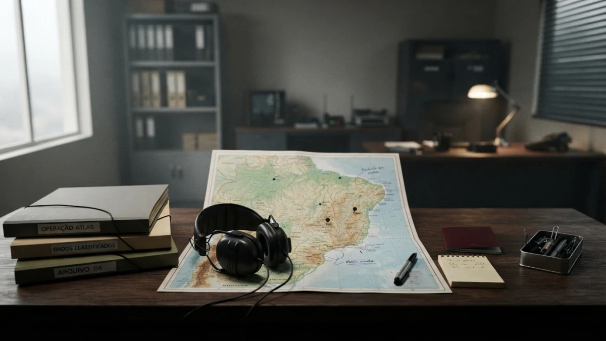 Imagem ilustrativa gerada por IA. Cena genérica de escritório de inteligência Mesa com mapa genérico, fones e pastas fechadas lembrando o clima de espionagem da série - Mesa com mapa genérico, fones e pastas fechadas lembrando o clima de espionagem da série Homeland Imagem ilustrativa gerada por IA. Cena genérica de escritório de inteligência para quem quer conhecer a série Homeland.