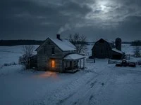 Casa de madeira isolada em campo coberto de neve, à noite, com uma janela acesa