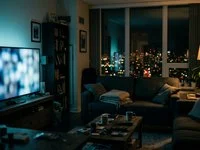 Sala escura com TV acesa, sofá e cobertor, vista de uma janela com a luz noturna da cidade