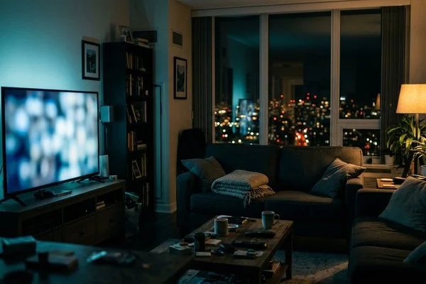 Sala escura com TV acesa, sofá e cobertor, vista de uma janela com a luz noturna da cidade