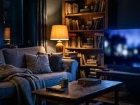 Sala escura com TV ligada, cobertor sobre o sofá e xícara de chá na mesa de centro