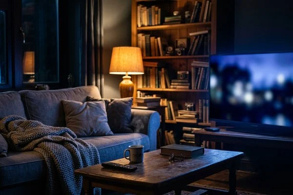 Sala escura com TV ligada, cobertor sobre o sofá e xícara de chá na mesa de centro