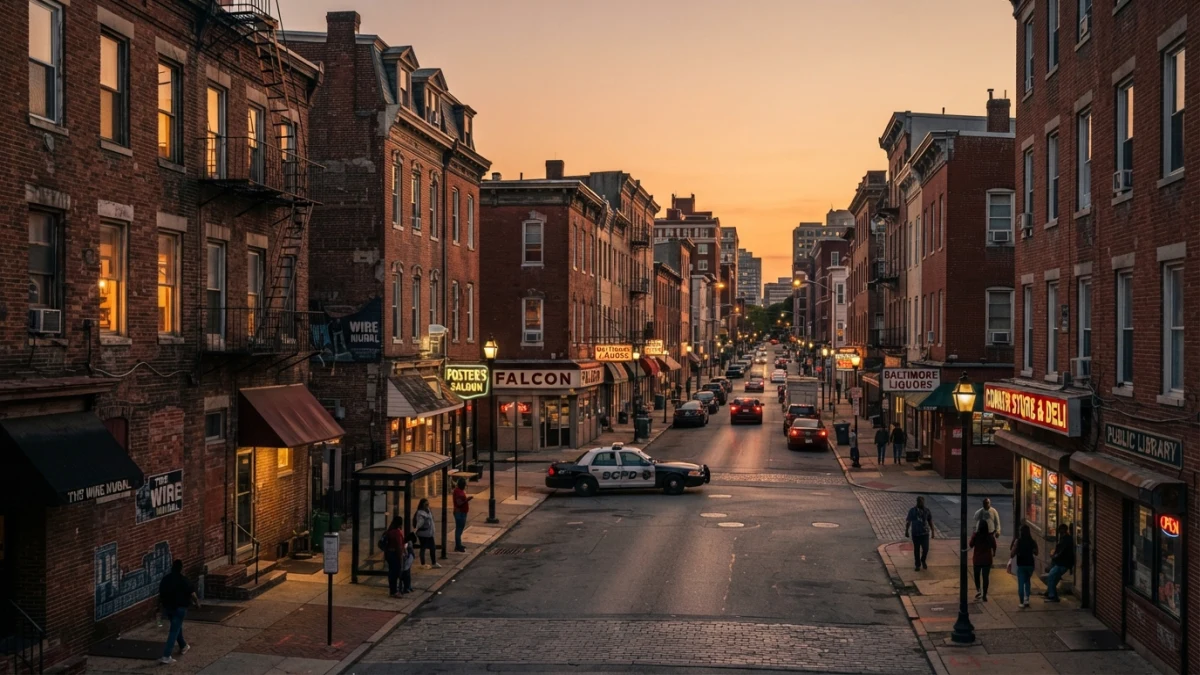 Imagem ilustrativa gerada por IA. Rua urbana genérica ao entardecer Rua de cidade grande ao entardecer, com prédios de tijolos, em ilustração sobre se The - The Wire