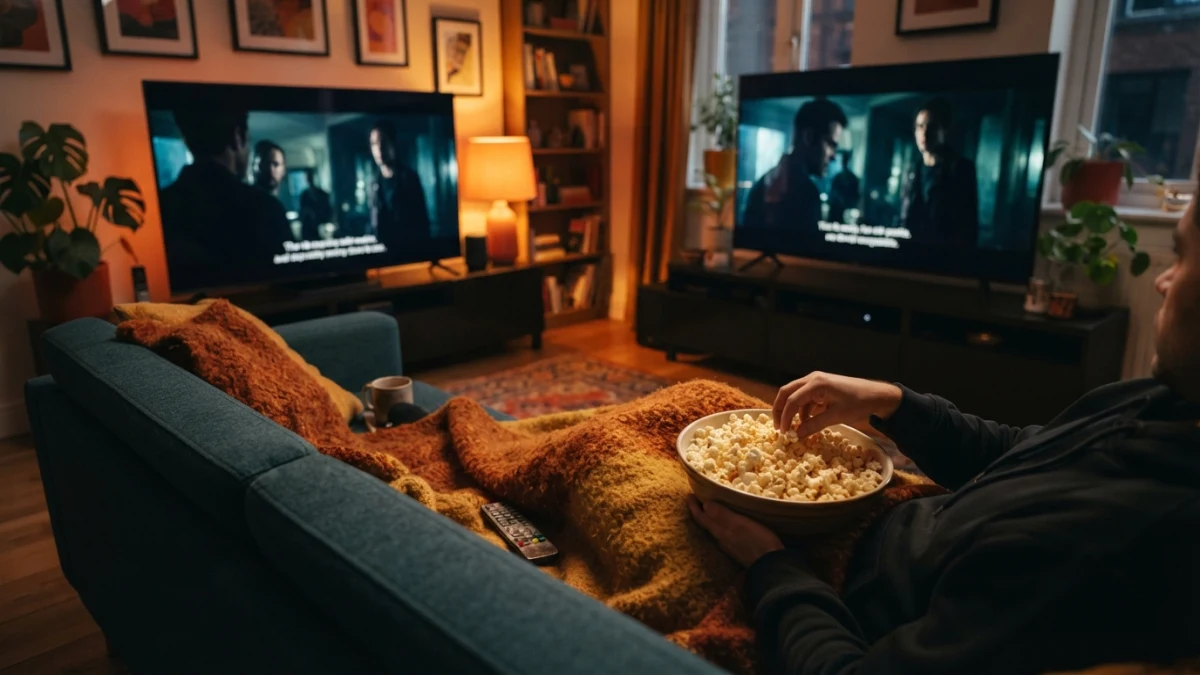 Imagem ilustrativa gerada por IA. Cena genérica de maratona para quem quer assistir à série Sala com TV ligada, cobertor e pipoca - Sala com TV ligada, cobertor e pipoca para quem quer assistir à série Homeland em casa Imagem ilustrativa gerada por IA. Cena genérica de maratona para quem quer assistir à série Homeland.
