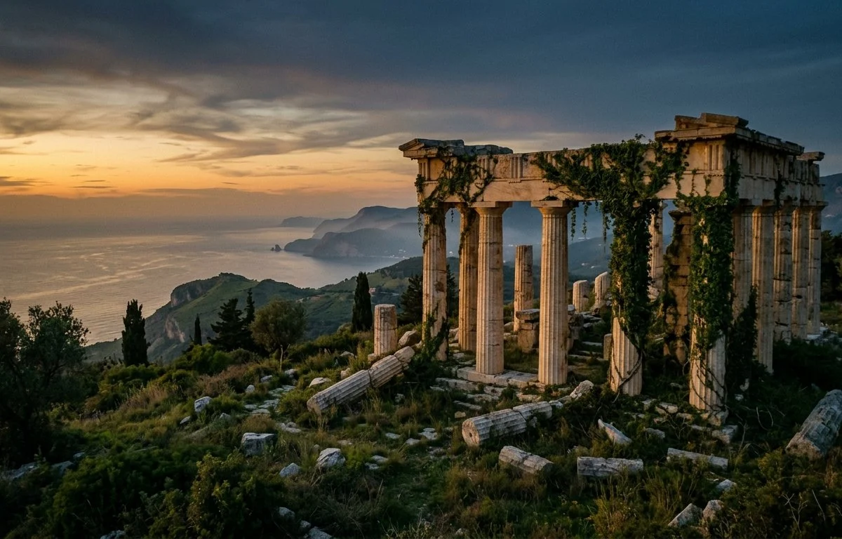 Colunas de ruínas de templo antigo ao entardecer, com colinas verdes e o mar ao fundo