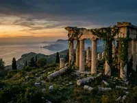 Colunas de ruínas de templo antigo ao entardecer, com colinas verdes e o mar ao fundo