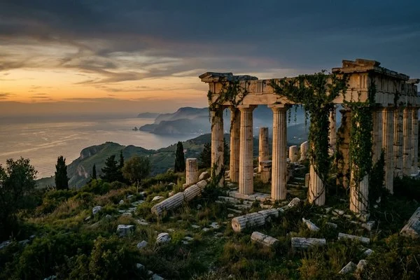 Colunas de ruínas de templo antigo ao entardecer, com colinas verdes e o mar ao fundo