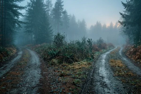 Estrada de terra que se divide em dois caminhos em meio à neblina, ao amanhecer